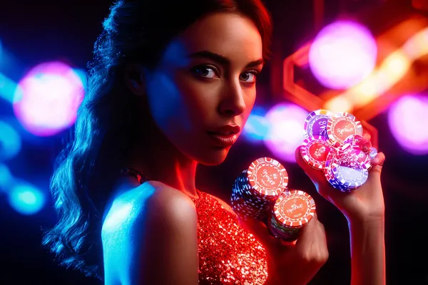 A glamorous woman holding casino chips in a neon-lit environment, representing the premium online casino atmosphere of SPINARA.