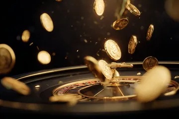 A close-up shot of golden coins falling around a spinning roulette wheel, representing immersive casino action at SPINARA.