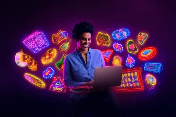 A woman smiling while playing online games on her laptop, surrounded by neon casino elements, showcasing SPINARA’s diverse game collection.