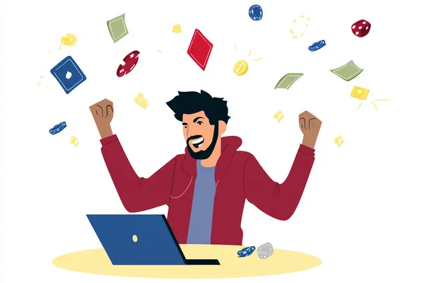 A man celebrating a winning moment on his laptop while gaming symbols float around him, capturing the excitement of SPINARA games.