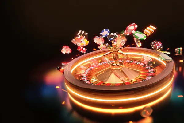 A glowing roulette wheel with cascading chips, symbolizing the engaging live and instant-win games available on SPINARA.